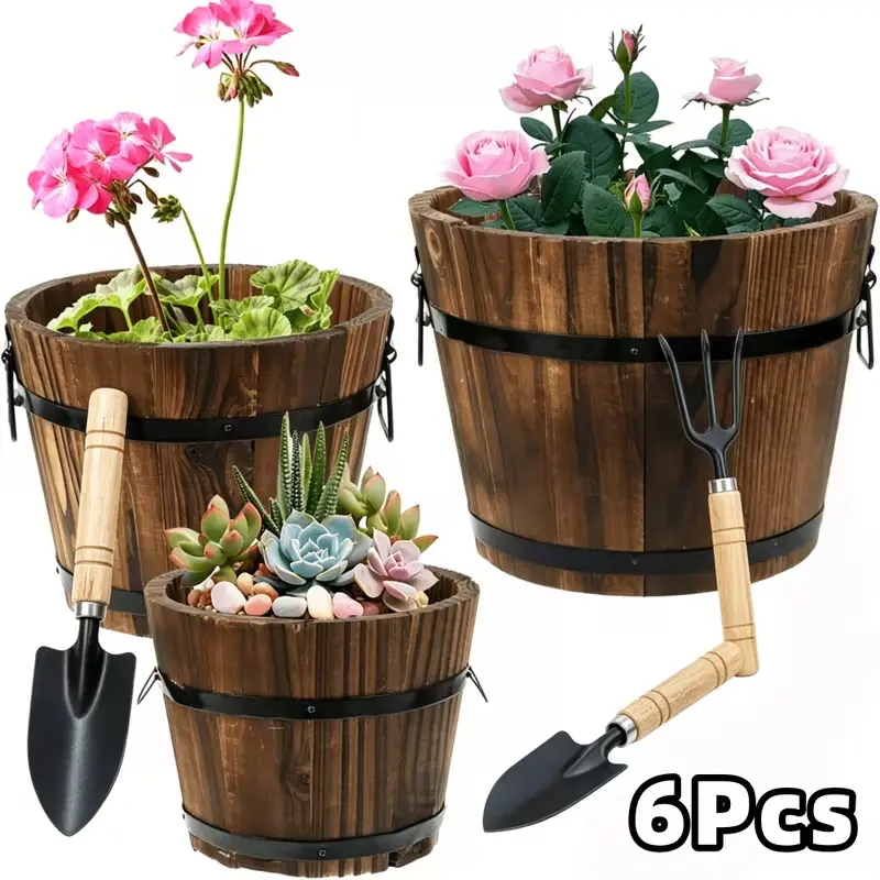 6-Piece Retro Whiskey Barrel Shaped Flower Pot Set (Includes Garden Trowel); Striped Plastic Pots with Drainage Holes; Suitable for Indoor and Outdoor Use; Round Garden Flower Pot & Planting Tool Set, Ideal for Herbs, Flowers, and Succulents; Gift