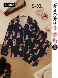 Women's Denim-style Creative Print Pajama Two-piece Set, Long Sleeve Pocket Lapel Shirt & Pants PJ Set, Casual Comfy Loungewear Set, Women Homewear, Pyjamas, Nightwear