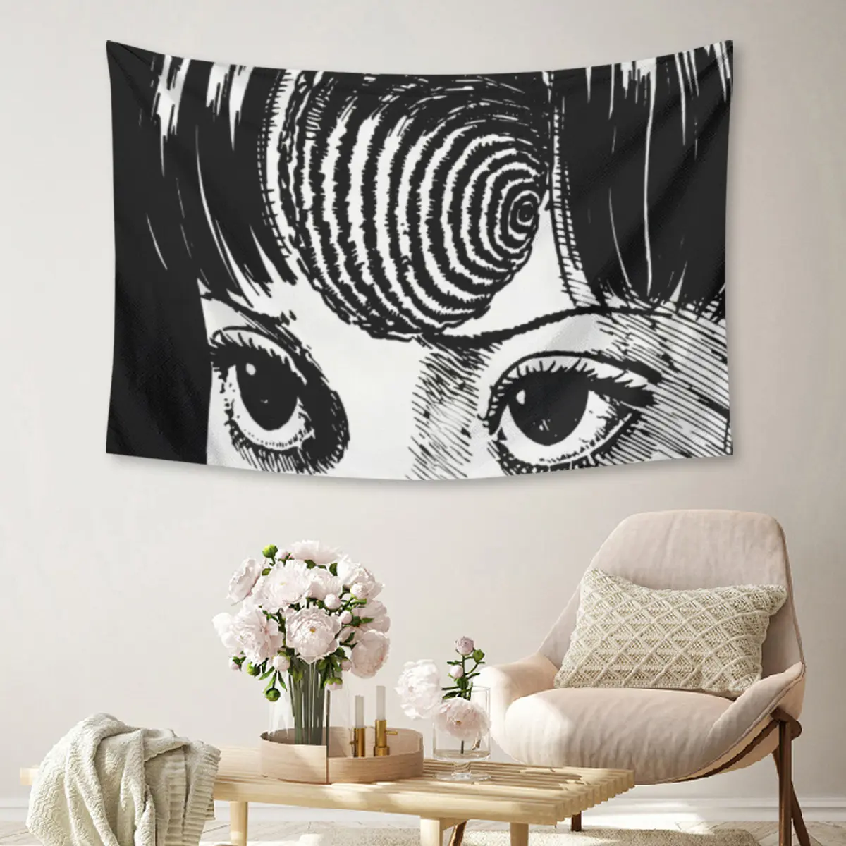 Junji Ito Uzumaki Spiral Girl Eyes Tapestry - Smooth Polyester Horror Manga Wall Hanging, Goth Home Decor, Dining Room Wall Decoration, Home Inspo Gift (30x40, 40x60, 50x60, 60x80, 60x90in)
