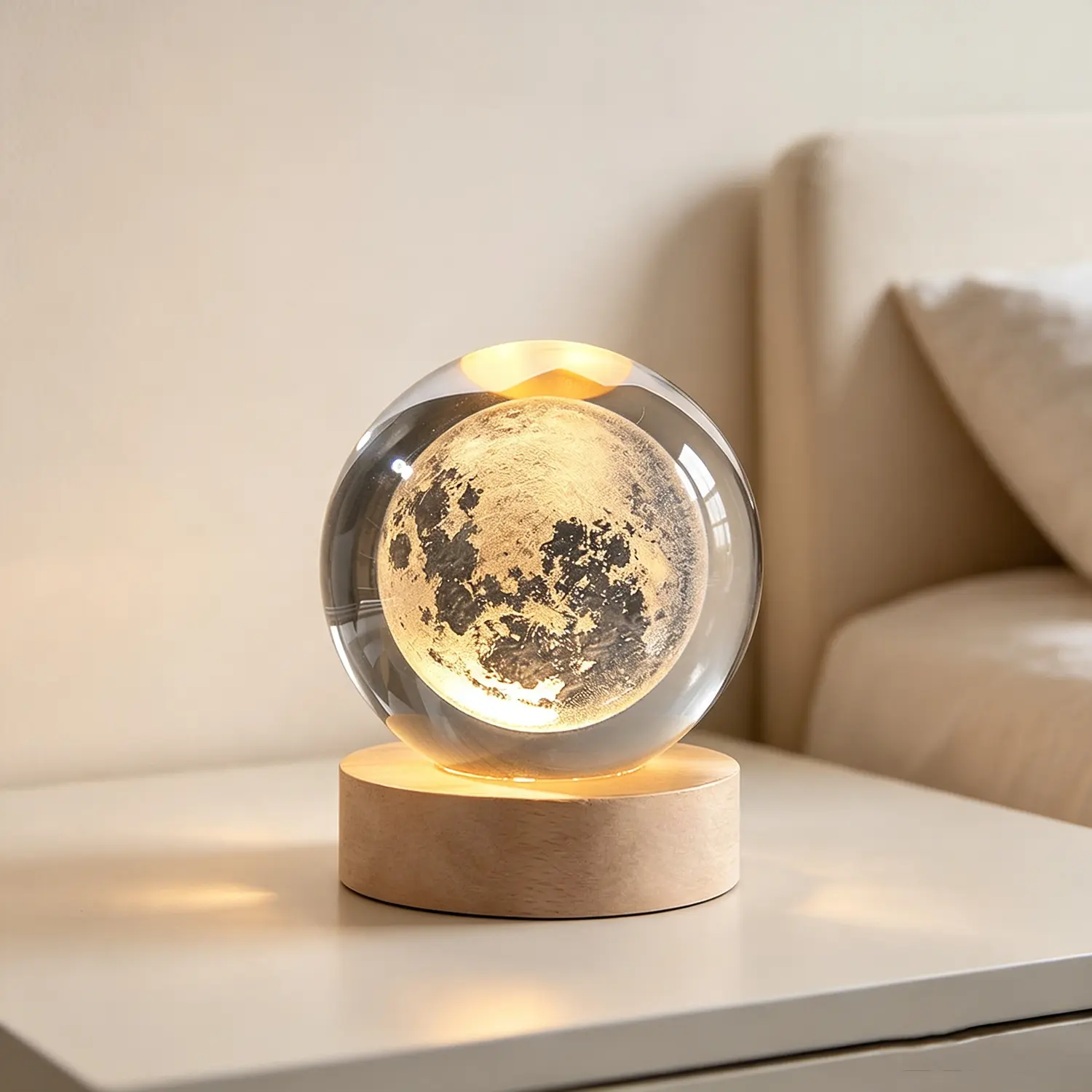 3D Moon Crystal Ball Night Light with Wooden Base, 6cm Laser Engraved Glowing Moon Orb Lamp for Decoracion LED, Warm LED Bedside Tabletop Decor for Bedroom, Nightstand & Aesthetic Gift