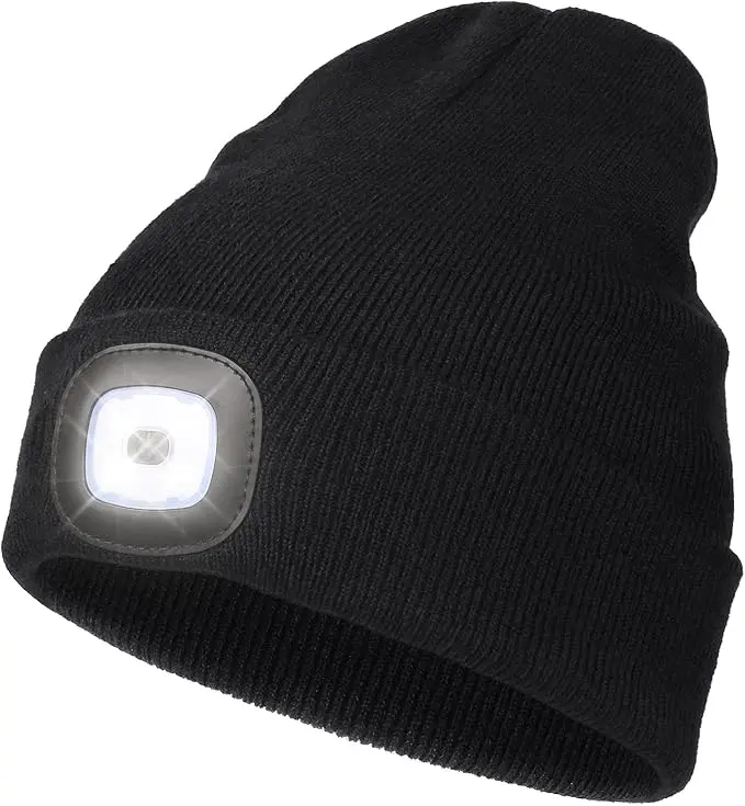 LED Beanie with The Light, Unisex USB Rechargeable Headlamp Winter Knitted Cap Gifts for Men Dad Husband Him