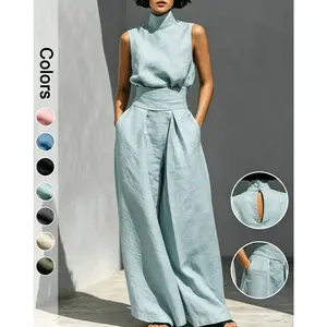 Elegant Two-Piece Set for Women, Simple Style Linen-Like Blend High-Neck Sleeveless Top and Wide Leg Pants, Chic Monochrome