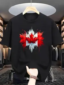 Men's Canadian Maple Leaf T-Shirt - Red & Blue Maple Leaf Print with Canada Lettering, Relaxed Fit Short Sleeve, Breathable All-Season Comfort, Canadian Pride Apparel (Vibrant Ink Splash Design) - Maple Leaf Logo Tee for Casual Wear &