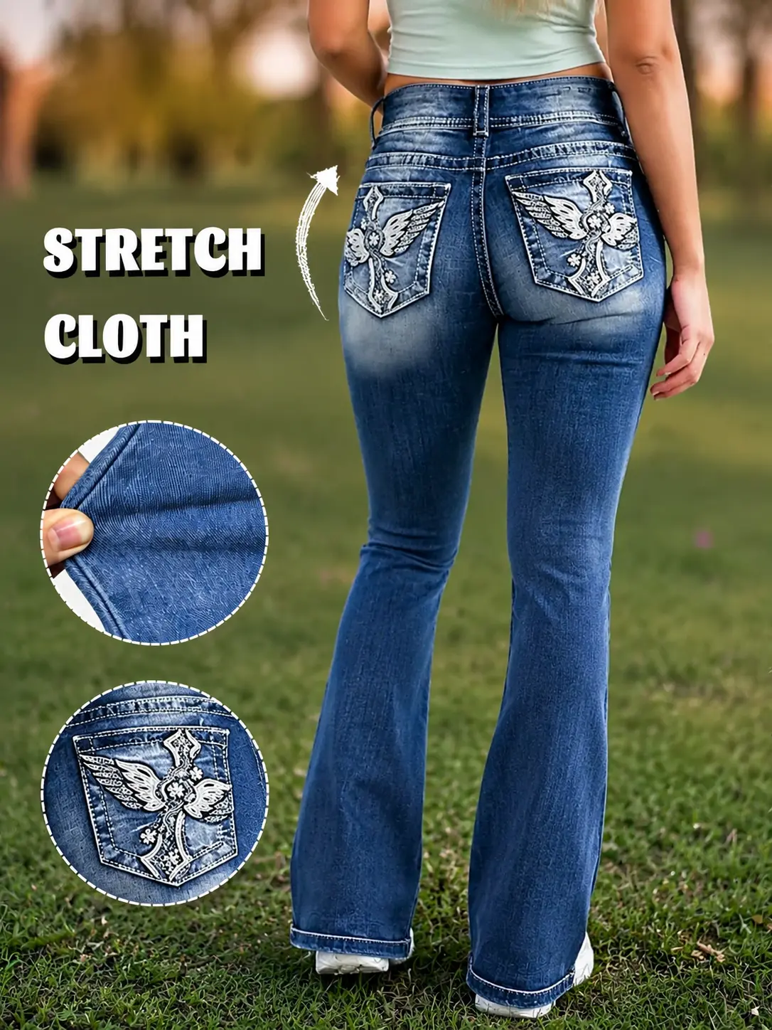 Women's Bell Bottom Jeans Stretchy Embroidered Winged High Waist Bootcut Denim Pants Women's Bell Bottom Jeans Stretchy Embroidered Winged High Waist Bootcut Denim Pants