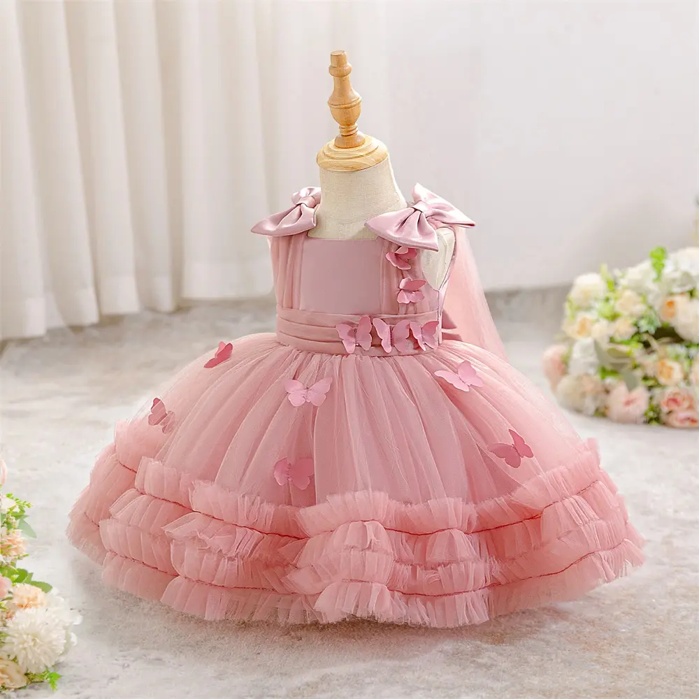 1st Birthday Dress Pink Princess Christening Gowns 6M-3Y Pink 3061  Anniversary Butterfly Baby Girls Clothes