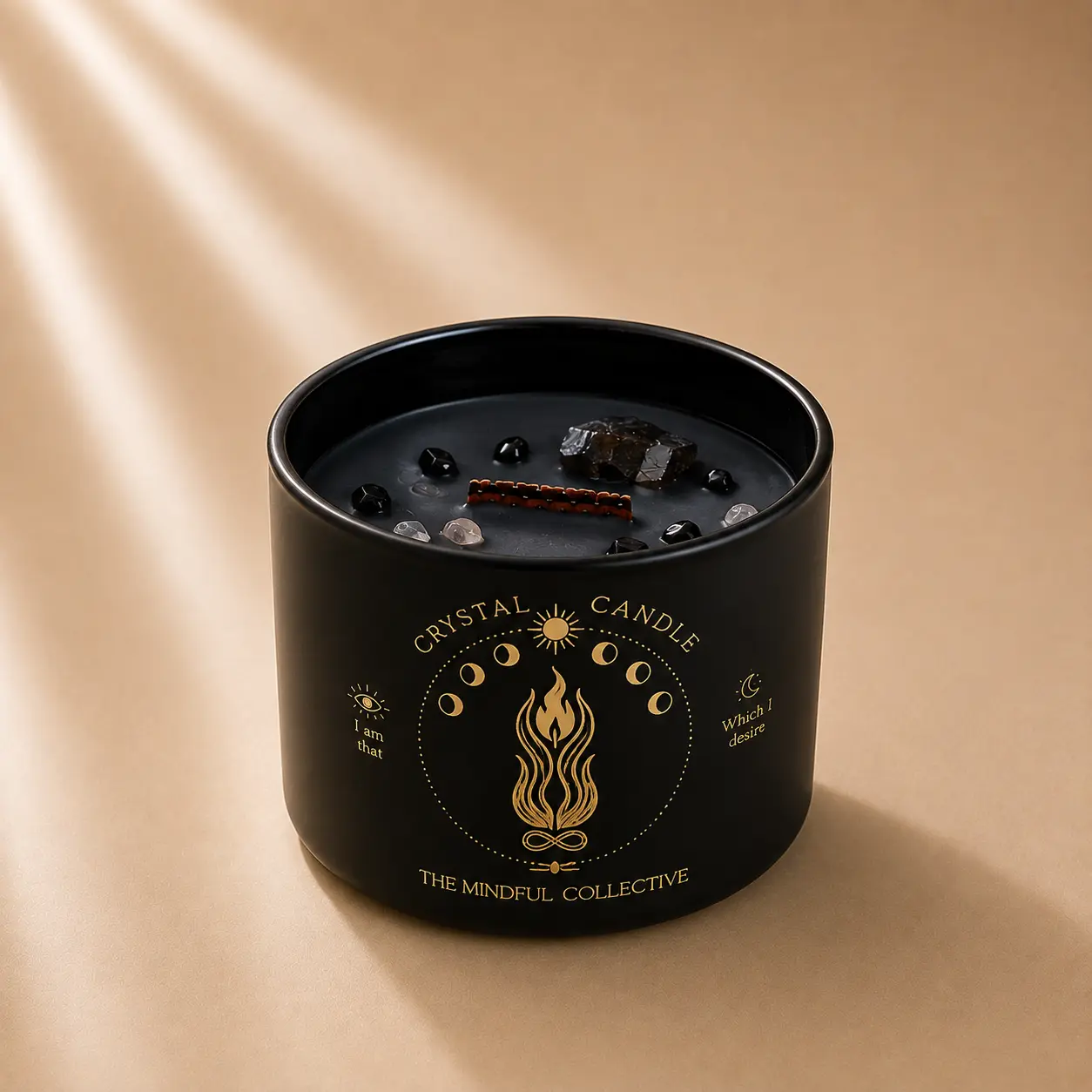 Black Crystal Candle for Women - 12oz Wood Wick Candle that Crackles with Natural Soy Wax. Luxurious Slow Burn, for Meditation. Includes Amethyst & Smokey Quartz Crystals