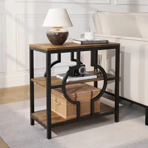 Vividwood End Table, Narrow Side Table with 3-Tier Storage Shelves, Wood Sofa Side Table with Geometric Metal Frame for Living Room, Industrial Bedside Nightstand for Bedroom