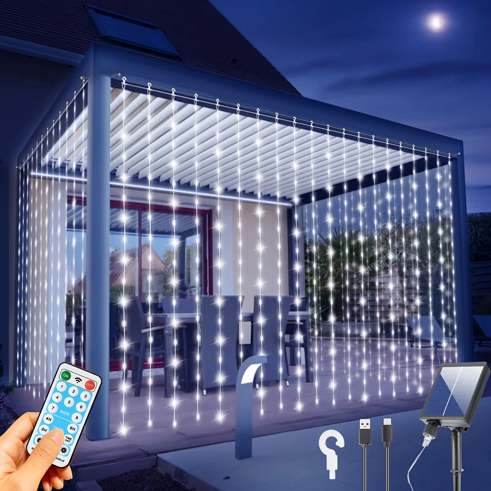 New 300 LED solar curtain lights waterfall lights 8 light modes 4 levels of brightness adjustment type-c charging to solve the rainy day solar energy can not charge light-sensitive switch during the day automatic charging lighting at night