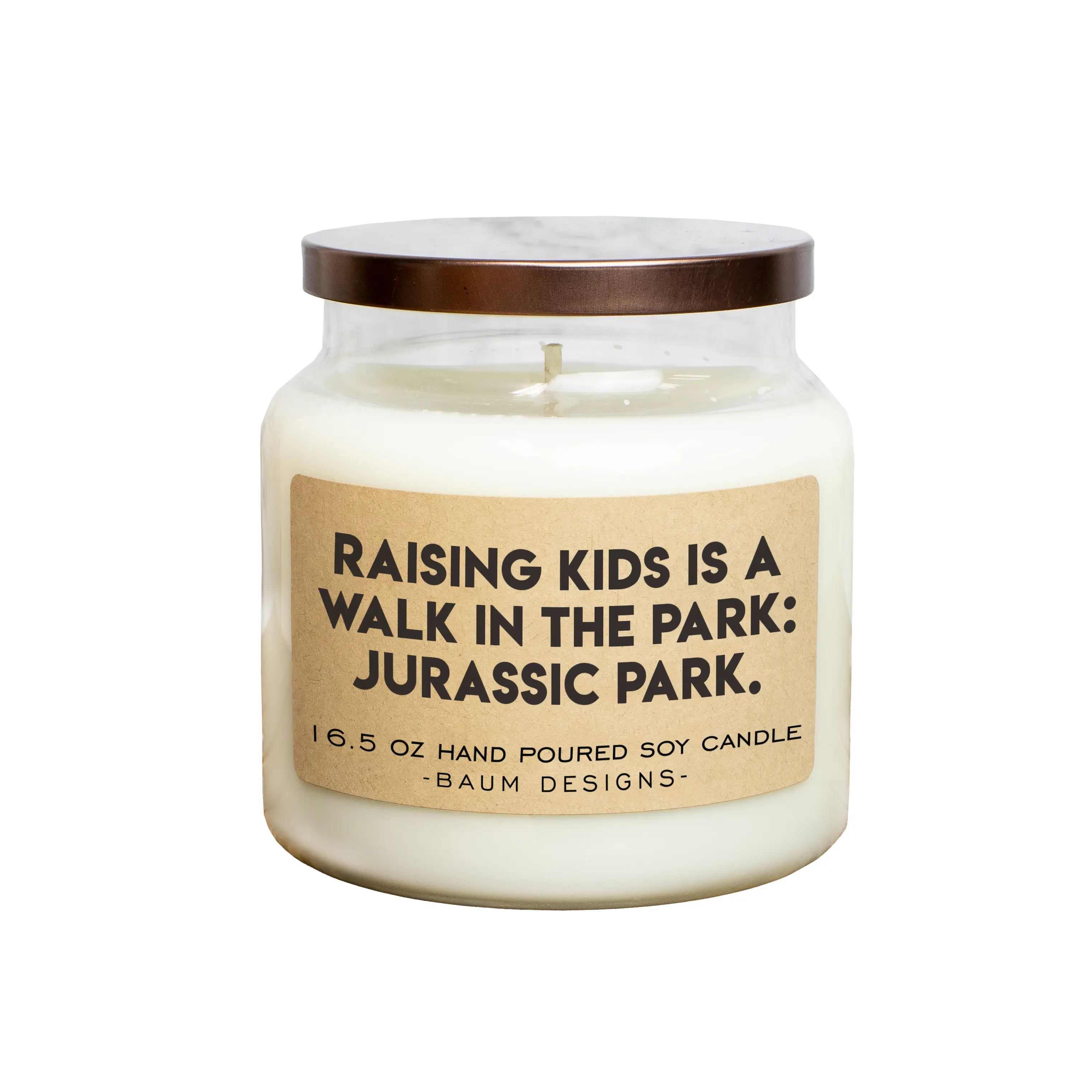Raising Kids Is A Walk In The Park: Jurassic Park Soy Candle - 16.5oz | Baum Designs | Unique Funny Christmas Gift