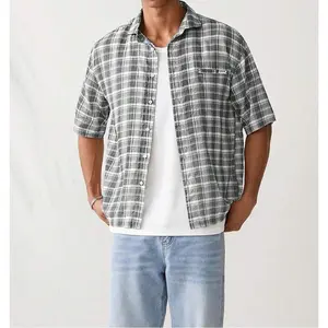 Men’s fashionable casual plaid loose short-sleeve shirt/shorts set in grey checked fabric