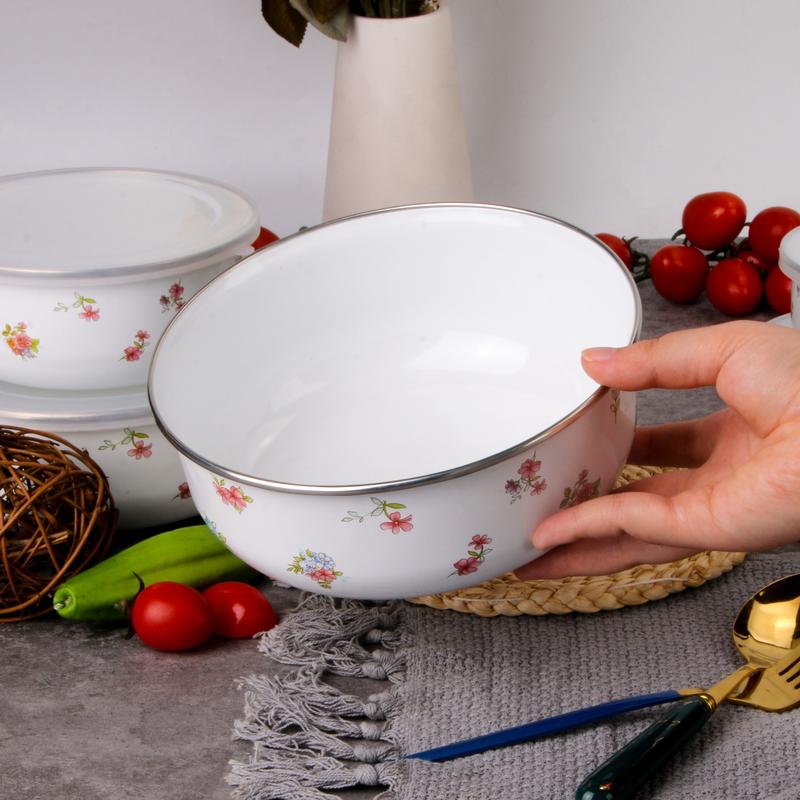 5pcs Set Blue Floral Enamel Food Storage Bowls with Lids, Multi-Functional Microwave Safe Containers for Rice Salad Noodles, Salad Serving Bowls