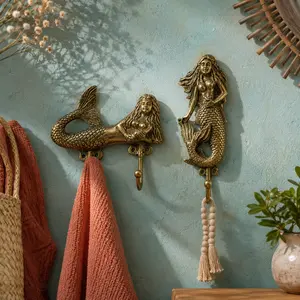 Brass Mermaid Wall Hook Set — Coastal Nautical Decor | Beach House Gift | Gold & Antique Finish Double Hook Single Hook