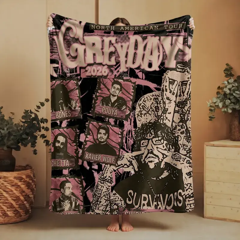 GreyDay 2026 North American Tour Flannel Blanket, Suicideboy Concert Tour Blanket, Bones Pouya Xavier Wulf Shakewell Germ Tour Collage Throw, Hip Hop Rap Music Fan Gift, Soft Cozy Plush Blanket, Bedroom Sofa Decor, Tour Merch Inspired Blanket