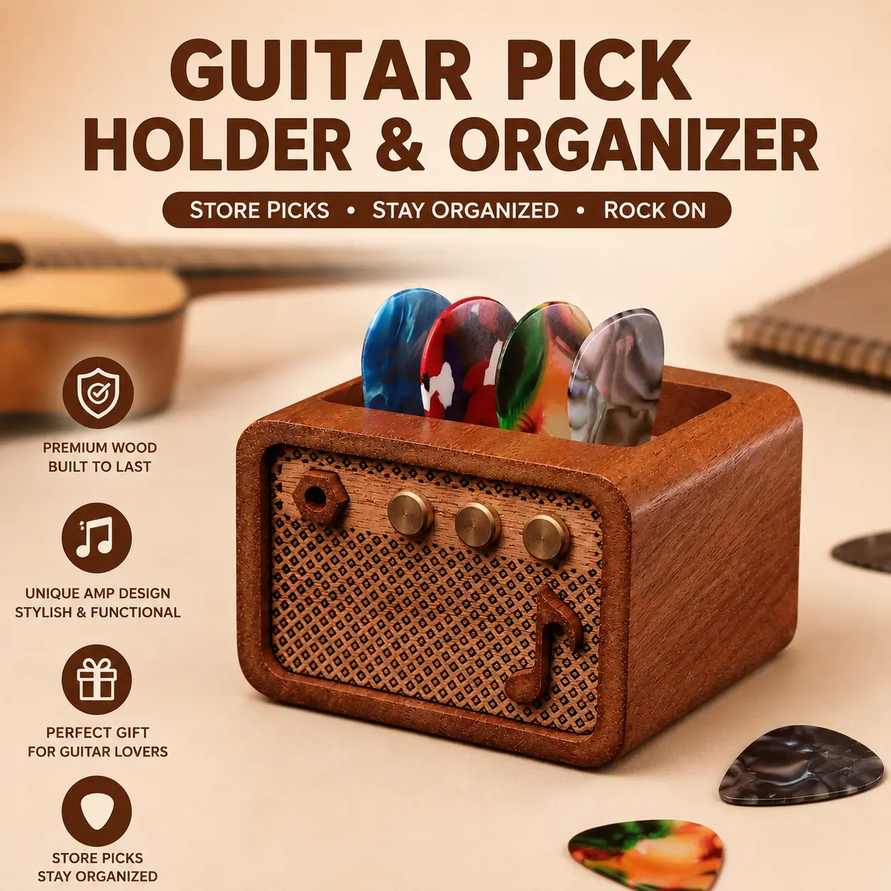 Walnut Wood Guitar Pick Holder, Electric Guitar Amplifier Style Pick Storage Display Case, Perfect Gift for Guitarists Musicians