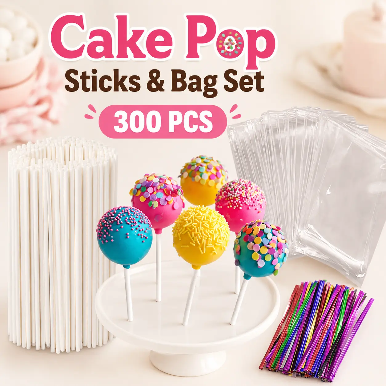Cake Pop Sticks and Bag Set - 100 Pieces of Colorful Metallic Wire for Lollipops, Candies, Chocolates & Cookies Baking Ornaments Kit Wedding Decor