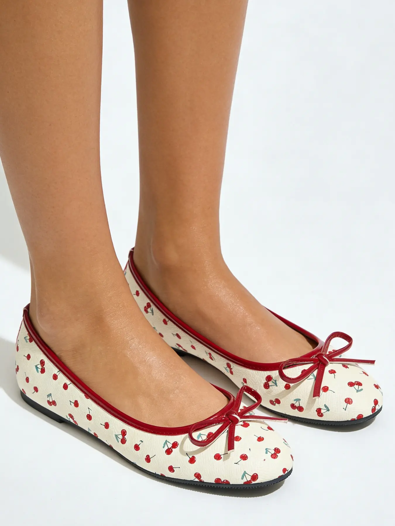 Cute Women's Ballet Flat Shoes, Cherry Pattern, Bowknot Design, Slip-On, Leather Upper, Rubber Sole, All Seasons