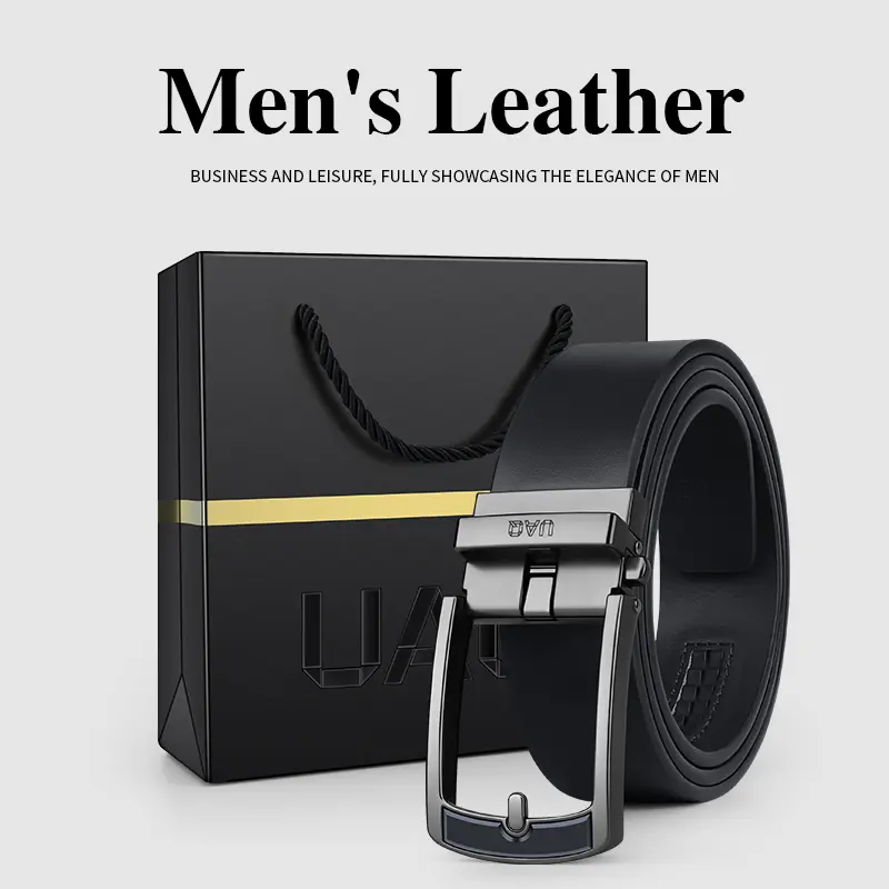 UAQ Belt for Men 2-Pack, Leather Dress Style with Auto Locking Ratchet Buckle, Easy Button Release, Holeless Fit in Gift Box, Cow Hide