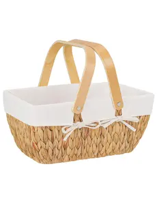 Wicker Picnic Basket for Couple, Wicker Basket with Handle, Water Hyacinth Picnic Basket with Liner, Handwoven Organizing