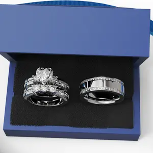 His and Hers Wedding Ring Sets - Heart Cut Moissanite Women's Bridal Set and Men's Wedding Bands - 925 Sterling Silver - With Jewelry Box