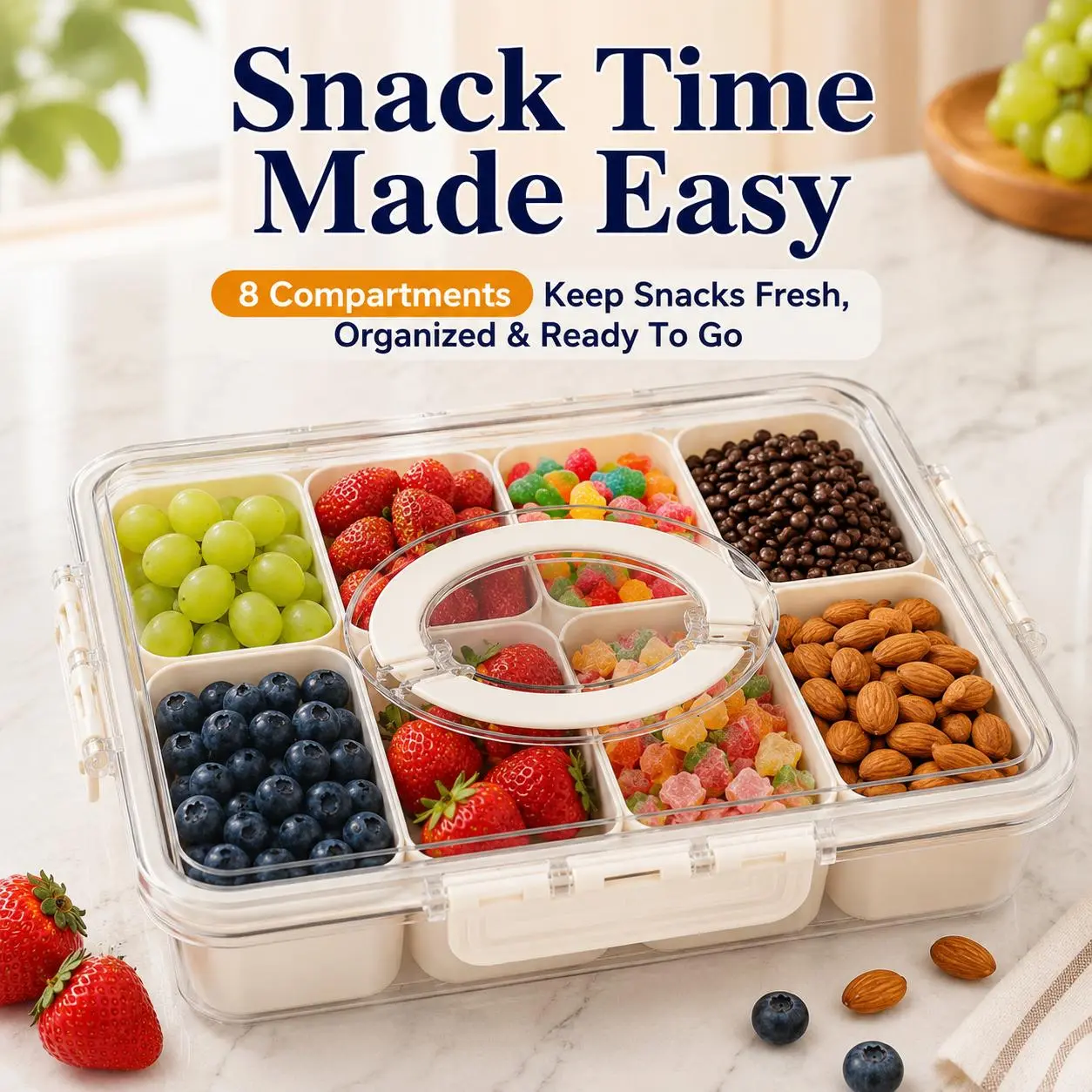 ONESHOW HOME Plastic 8-Compartment Transparent Portable Food Storage Container with Lid & Handle - Fruit Vegetable Fridge Organizer, Space-Saving Kitchen Travel Use