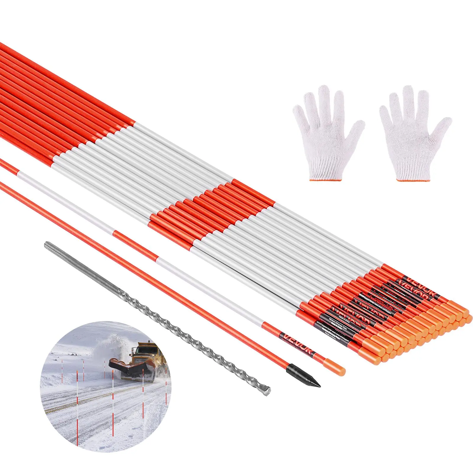 【Summerfinds】VEVOR Driveway Markers,200Pcs 48 in Long 1/4 in DiaHi-Visibility Driveway Reflectors with 12 in Steel Drill BitsReflective Snow Sticks Fiberglass Pole for Parking LotsWalkwaysSnow Plowing