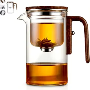 [Magic Glass Teapot] Magic Teapot, Wooden Handle Glass Teapot With Water Separation, Pressure Control Magic Teapot, Magic Glass Teapot With Filter, Suitable For Flower Tea And Loose Leaf Tea, 520ml