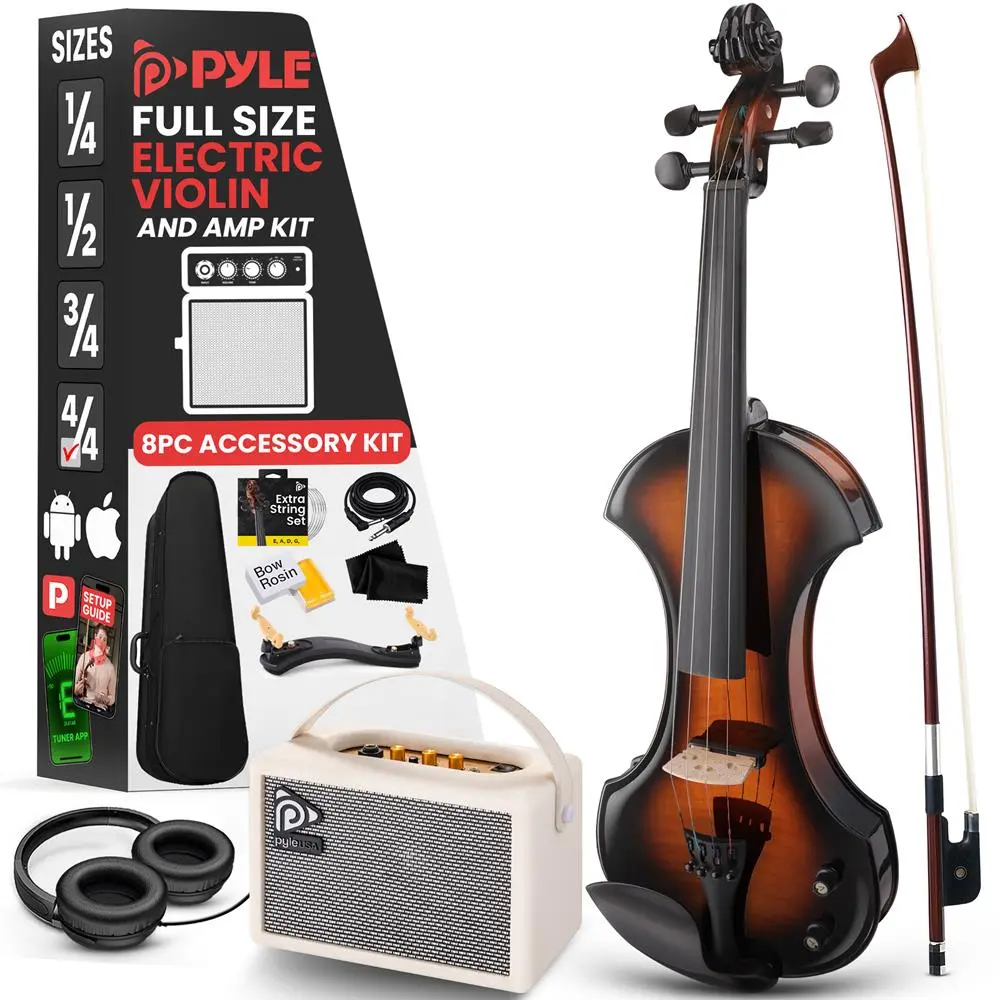 Student Battery-Powered Silent 4-String Violin (Sunburst, Maple Wood, Linden Plywood) with Accessory Kit - 10W Amplifier, Headphone, Tuner, Extra Strings, Shoulder Rest, CR-2032 Button Cell, Cable, 23.6in x 7.9in x 3.2in Dimensions, Music, Cleaning Cloth