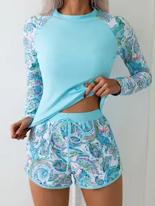 Women's Tankini Set Long Sleeve Sporty Style Triangle Bottoms Two-Piece Swimsuit, Casual Beachwear Rash Guard Swimsuits Swimwear for Summer