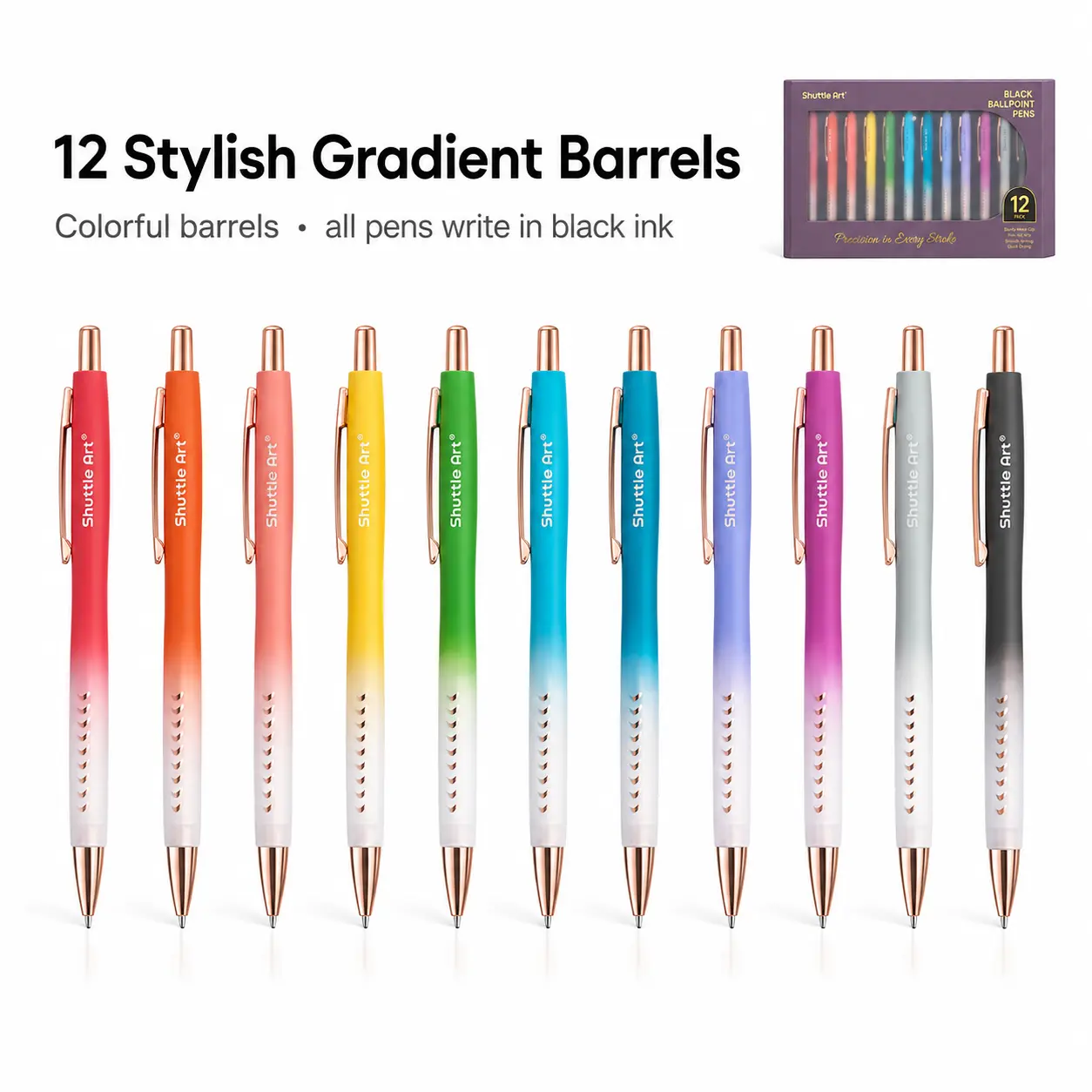 Ballpoint Pens, 12 Pack Colored Retractable Black Ink Ball Point Pens, Cute Pens 1.0mm Medium Point Waterproof Elegant Gift Set for Writing Journaling Note Taking School Office Home
