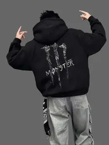 Monster Text Patchwork Graphic Hoodie | Heavyweight Fleece Streetwear Sweatshirt, Y2K Aesthetic Streetwear Oversized Sweatshirt