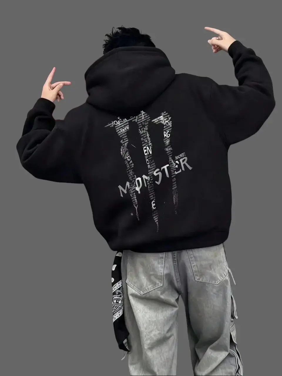 Monster Text Patchwork Graphic Hoodie | Heavyweight Fleece Streetwear Sweatshirt, Y2K Aesthetic Streetwear Oversized Sweatshirt