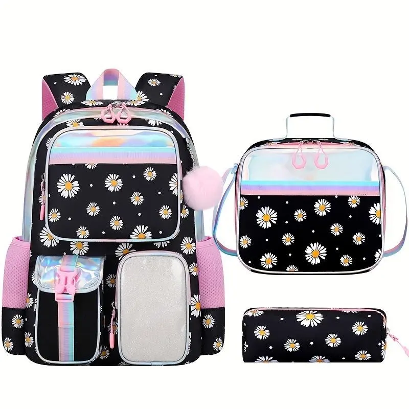 Daisy Print 3PCS Backpack Set, Padded Spine School Bag + Insulated Lunch Tote + Pencil Case, Water Resistant Large Capacity Bookbag for Girls