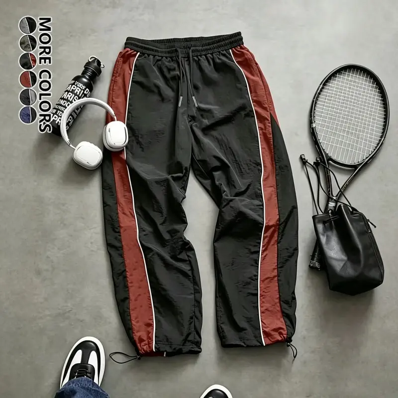 Men's Wide Leg Casual Pants Adjustable Cuff Color Block Sweatpants Elastic Drawstring Waist Machine Washable All Season Trousers for School Hiking Outdoor Daily Wear