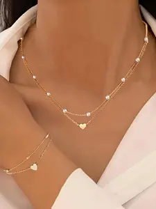 Women's Elegant Faux Pearl Decorated Heart Design Jewelry Set, Trendy Exquisite Necklace & Bracelet, Chic Jewelry Set As Gift for Girlfriend, Fashionable Jewelry Set