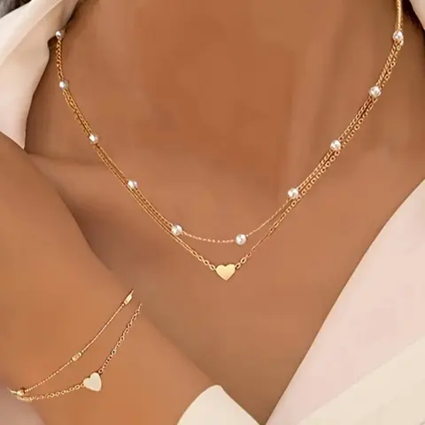 Mother's Day Gift Women's Elegant Faux Pearl Decorated Heart Design Jewelry Set, Trendy Exquisite Necklace & Bracelet, Chic Jewelry Set As Gift for Girlfriend, Fashionable Jewelry Set, Jewellery Gift Set, Heart Shine Set