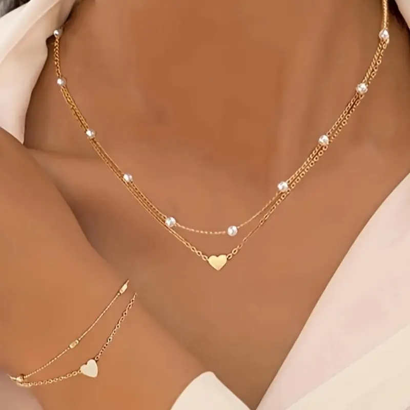 Mother's Day Gift Women's Elegant Faux Pearl Decorated Heart Design Jewelry Set, Trendy Exquisite Necklace & Bracelet, Chic Jewelry Set As Gift for Girlfriend, Fashionable Jewelry Set, Jewellery Gift Set, Heart Shine Set