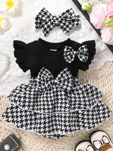 2pcs, Baby Girl, Casual, Cute, Soft, Comfortable, Bow-decorated Houndstooth Cake-style Tiered Ruffled Bodysuit Dress And Headband Set, Baby Girls Clothes, Newborn Baby Girl Clothes, Baby Stuff, Suitable For Everyday, Vacations, Parties, Taking Photos