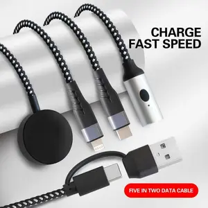 100W 5-in-1 Type-C data charging cable, compatible with wireless charging for Apple Watch, with igniter, cable length of 1.2 meters, portable multifunctional charging set