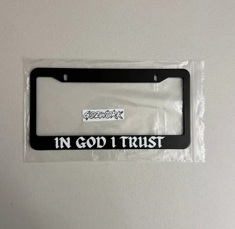 Viral "In God I Trust" Gothic Matte Black Aluminum Christian License Plate Frame