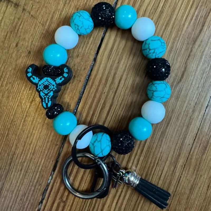 Western Skull Wristlet Keychain with O-ring easily attaches to Purse/Bag