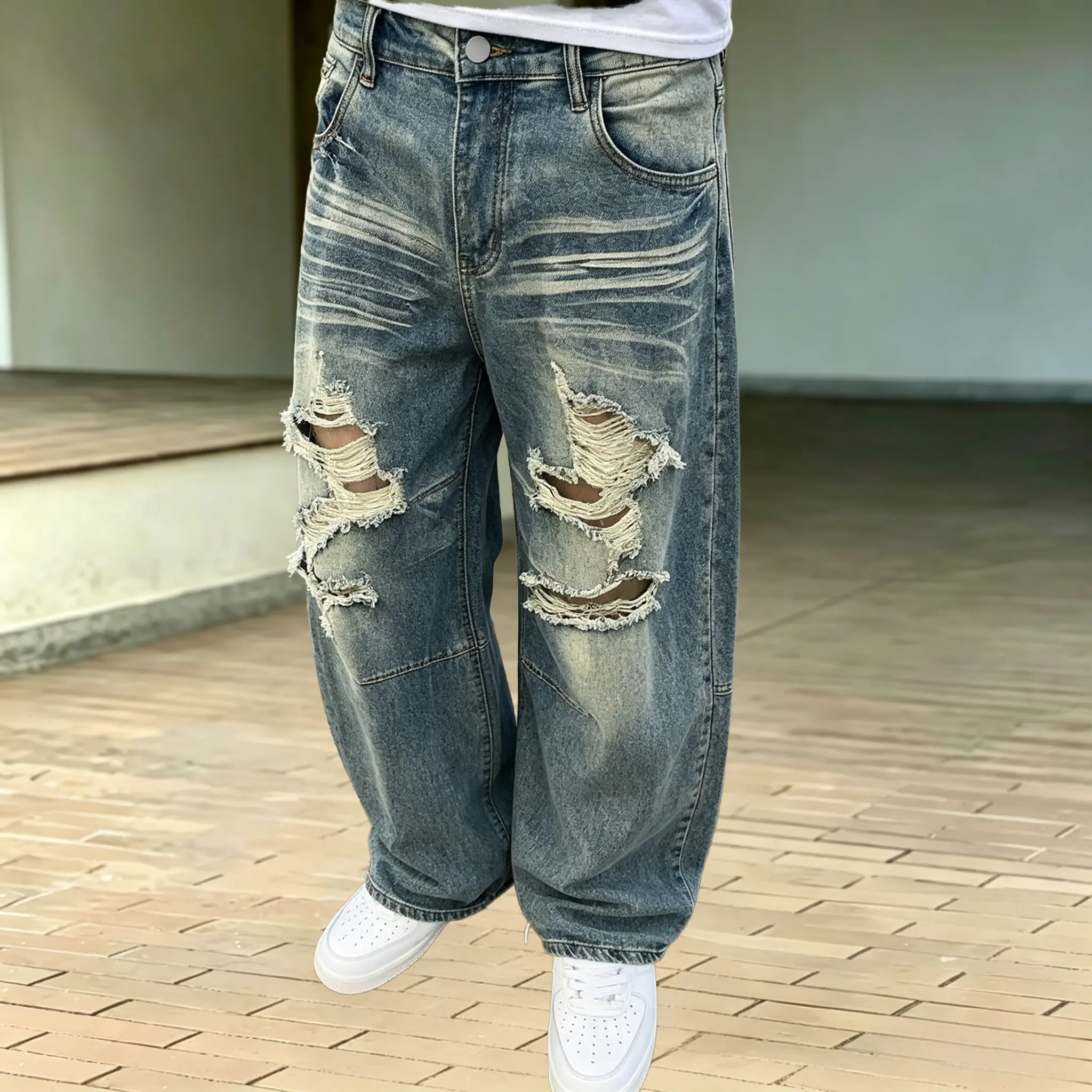Men’s retro blue jeans with white stripes and distressed details, featuring a curved cut; double-knee multi-layer rips and large ripped edges; heavyweight denim with 3D patchwork cuts; straight wide-leg fit; streetwear style, versatile casual long pants.