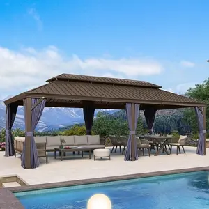 PURPLE LEAF 12' x 24' Outdoor Hardtop Gazebo For Patio |  Bronze Aluminum Frame With Navy-Blue Curtain