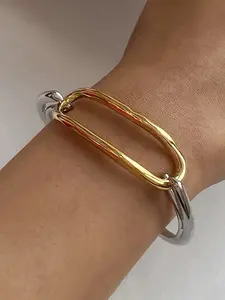 New Fashion Dual Color Geometric Bracelet, Casual Stainless Steel Hand Chain, Perfect for Couples and Friends