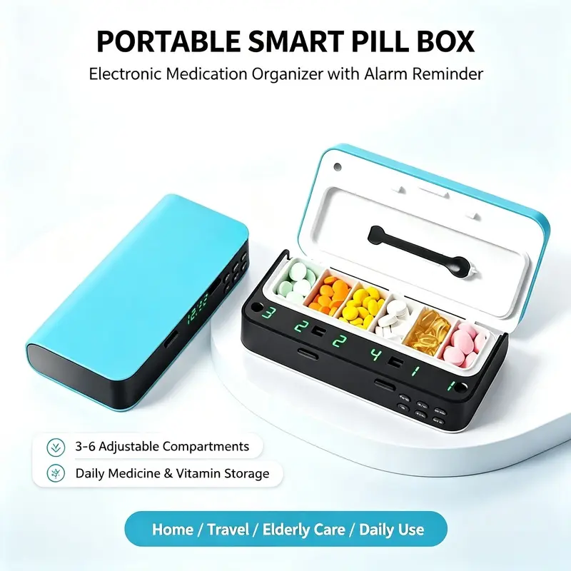Blue Portable Smart Pill Box with Alarm Reminder - Electronic Medication Organizer with Vibration, Beep, LED Display, 3-6 Adjustable Compartments for Elderly Daily Medicine Vitamin Storage