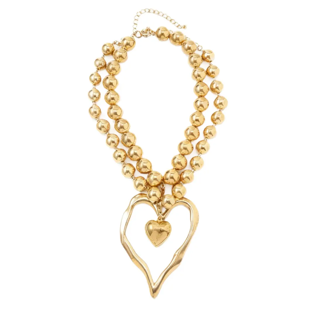 DIROMON Chunky Gold Heart Necklace Exaggerated Layered Double Hearts Gold Beaded Choker Necklace Big Heart Pendant Necklaces Trendy Statement Jewelry for Women