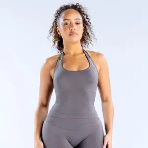 Impact Seamless Halter Top, Women Fashion Gym Top, High Stretch Durable Fabric Activewear with Built-in Bra Removable Pads Longline Design