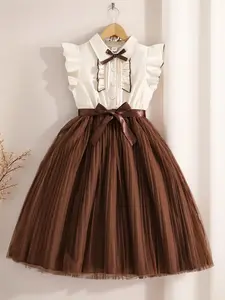 Girls' Bow-Embellished Flared Sleeve Dress, Lovely Bow Dress, Stylish Sweet Look for Daily Parties, Cute and Trendy Design with Collar, Tulle Overlay Dress
