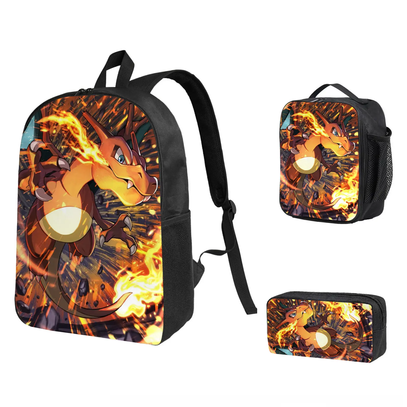 Charizard Unisex 3-Piece Combo Backpack Set - Water Resistant School Bookbag with Insulated Lunch Bag & Pencil Case, 1 Size Back to School Haul Holiday Gift for Kids Fans (b-280)