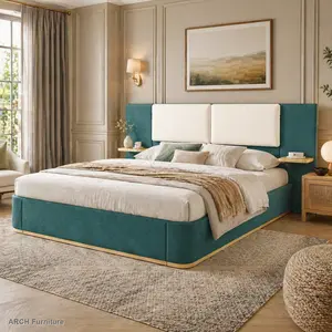 ARCH Queen Size Upholstered Panel Platform Bed Frame - Fabric Wrap, Rounded Edges, Anti-Collision Corners, Storage Shelf, Stable Solid Structure, No Box Spring Needed, Easy Setup, Indoor Green Furniture