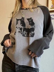 women's colorblock star print raglan sleeve tee, casual chic long sleeve round neck t-shirt for spring & fall, women's top for daily wear